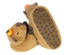 Load image into Gallery viewer, Pair of plush capybara slippers, showing the bottom texture of one slipper.
