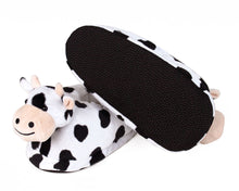 Load image into Gallery viewer, Cow-patterned slippers on a white background, one slipper is turned upside-down to show sole with non-slip grips
