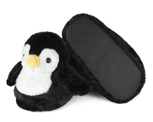 Load image into Gallery viewer, Pair of plush penguin slippers with one slipper flipped upside down to show sole with non-slip grips