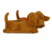 Load image into Gallery viewer, Brown dachshund dog-shaped slippers on a white background, seen in side profile