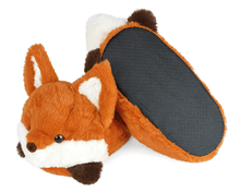 Load image into Gallery viewer, Pair of plush fox-shaped slippers with one turned upside down to show a black fabric sole with non-slip grips on a white background