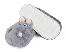 Load image into Gallery viewer, Pair of plush hippo slippers with one slipper upside-down to show the molded rubber sole with non-slip tread