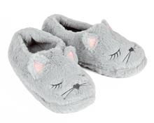 Load image into Gallery viewer, Gray cat-shaped slippers with pink accents on a white background