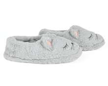 Load image into Gallery viewer, Pair of gray slippers with cat ears and eyes on a white background