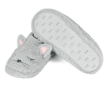Load image into Gallery viewer, Gray cat-shaped slippers on a white background, one slipper is upside-down to show the non-slip sole