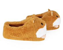 Load image into Gallery viewer, Pair of plush slippers shaped like guinea pigs on a white background, seen from the side