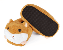 Load image into Gallery viewer, Pair of plush slippers shaped like guinea pigs, one is turned upside down to show non-slip grips on sole, on a white background