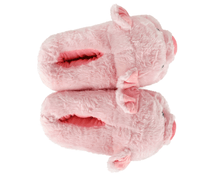 Load image into Gallery viewer, Pink plush pig-shaped slippers, seen from above, on a white background