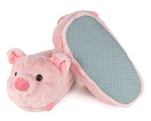 Load image into Gallery viewer, Pair of pink plush pig slippers, with on slipper turned upside-down to show a textured sole on a white background