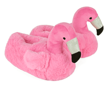Load image into Gallery viewer, Pair of pink plush flamingo slippers against a white background