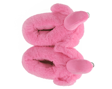 Load image into Gallery viewer, Pink plush slippers shaped like flamingos, seen from above, on a white background