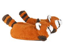 Load image into Gallery viewer, Plush slippers shaped like a red pandas, seen from the side, on a white background