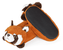 Load image into Gallery viewer, Pair of plush red panda slippers with one turned upside-down to show sole with non-slip grips