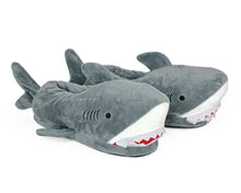 Load image into Gallery viewer, Pair of plush shark slippers made of gray plush, with dorsal fins, side fins, tails, embroidered eyes and gills, and felt teeth with red mouth.