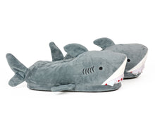 Load image into Gallery viewer, Side view of pair of plush shark slippers
