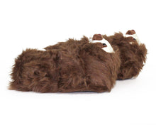 Load image into Gallery viewer, Brown fuzzy sloth slippers on a white background, seen from the side