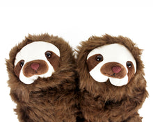 Load image into Gallery viewer, Pair of fuzzy sloth slippers close up showing details of face