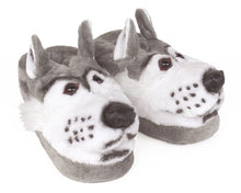 Load image into Gallery viewer, Gray Wolf Head Slippers 3/4 View