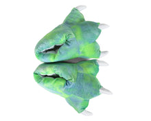 Load image into Gallery viewer, Green Dinosaur Feet Slippers Top View
