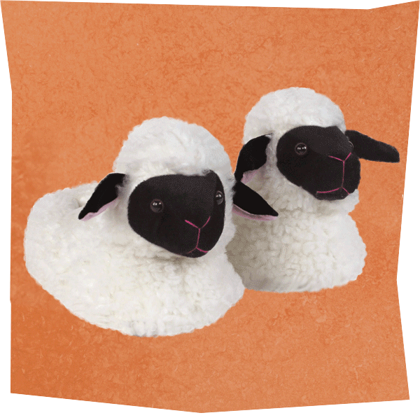 Gif with three images rotating through: cow slippers, pig slippers, and sheep slippers