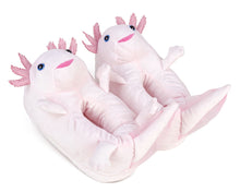 Load image into Gallery viewer, Pair of pink plush Axolotl animal slippers, with external gills, blue eyes, little feet and tails.
