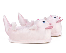 Load image into Gallery viewer, Pair of pink plush Axolotl animal slippers, seen from the side.
