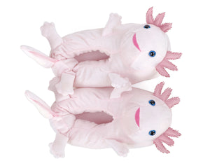 Pair of pink plush axolotl slippers, seen from the top
