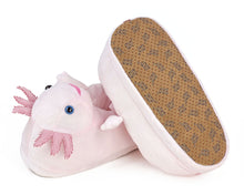 Load image into Gallery viewer, Pair of pink plush Axolotl slippers, with one turned over to show the sole: faux suede with non-slip grips.
