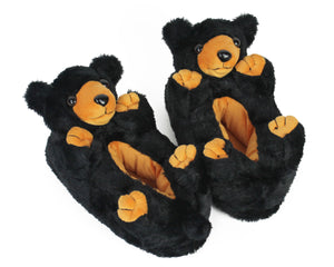 Pair of plush Black Bear Slippers with black fur, four paws, and smiling faces.