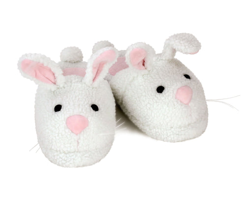 Pair of classic bunny slippers with soft white plush, pink noses, pink inner ears, whiskers and cotton ball tails