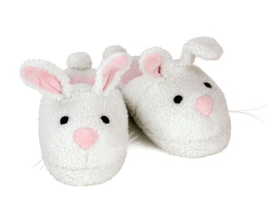 Pair of classic bunny slippers with soft white plush, pink noses, pink inner ears, whiskers and cotton ball tails