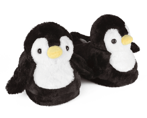 Pair of penguin-shaped slippers on a white background