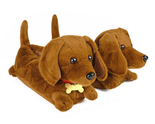 Two brown plush dachshund dog slippers on a white background