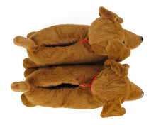 Load image into Gallery viewer, Two brown plush dachshund dog slippers seen from above
