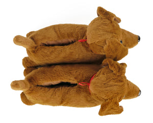 Two brown plush dachshund dog slippers seen from above