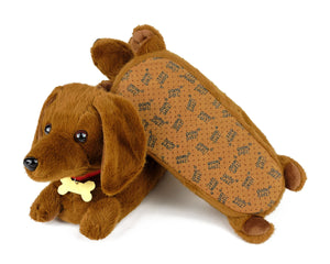Pair of brown plush dachshund dog slippers, one is flipped upside down to show the bottom: a faux suede sole with non-slip grips