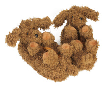 Load image into Gallery viewer, pair of doodle dog slippers with curly plush, floppy ears, four paws and tails
