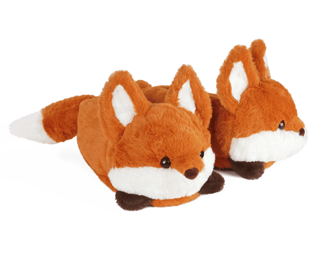 Pair of plush fox-shaped slippers on a white background