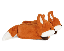 Load image into Gallery viewer, Plush fox slippers, seen from the side, on a white background
