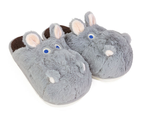 Gray plush slippers with hippo face design on a white background