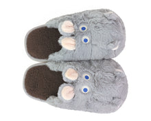 Load image into Gallery viewer, Pair of gray slippers with hippo design on a white background, seen from above to show slide-in style with fuzzy brown footbeds
