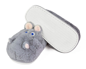 Pair of plush hippo slippers with one slipper upside-down to show the molded rubber sole with non-slip tread
