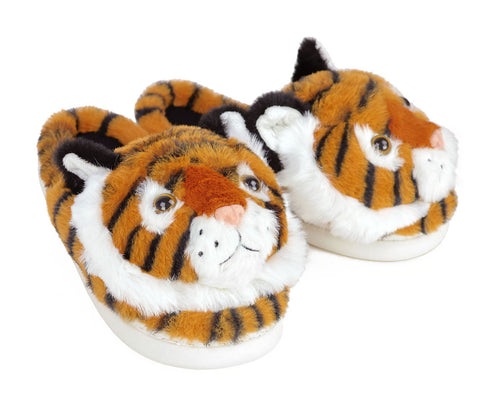 Pair of plush fuzzy tiger slide-style slippers featuring orange and black striped plush, plastic eyes, pink noses, embroidered mouths and black and white ears.  
