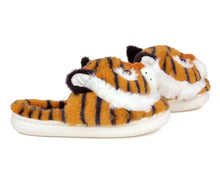 Load image into Gallery viewer, Pair of Fuzzy Tiger Slippers seen from the side
