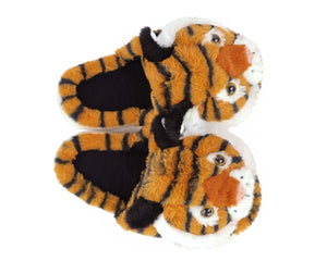 Pair of Fuzzy Tiger Slippers seen from the top