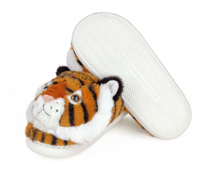 Pair of fuzzy tiger slippers, showing bottom of sole with non-slip tread