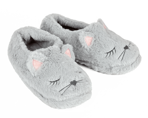 Gray cat-shaped slippers with pink accents on a white background