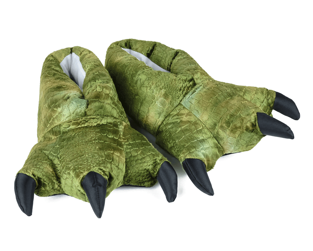 Green dinosaur feet slippers with black claws on a white background