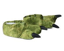 Load image into Gallery viewer, Green dinosaur feet slippers with black claws on a white background

