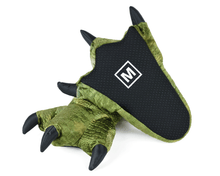 Load image into Gallery viewer, Pair of green dinosaur feet slippers with one turned upside-down to show black fabric sole with non-slip grips.
